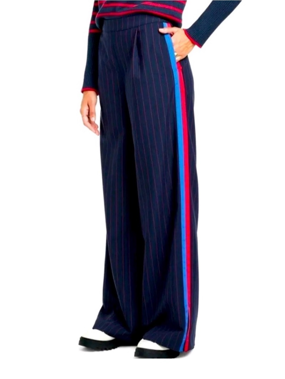Navy Pinstripe Wide-Leg Pants with Red & Blue Side Stripes